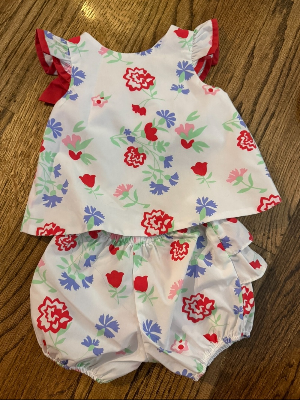 The Beaufort Bonnet Company White Floral Ruffle Two-Piece Set with Red Accents